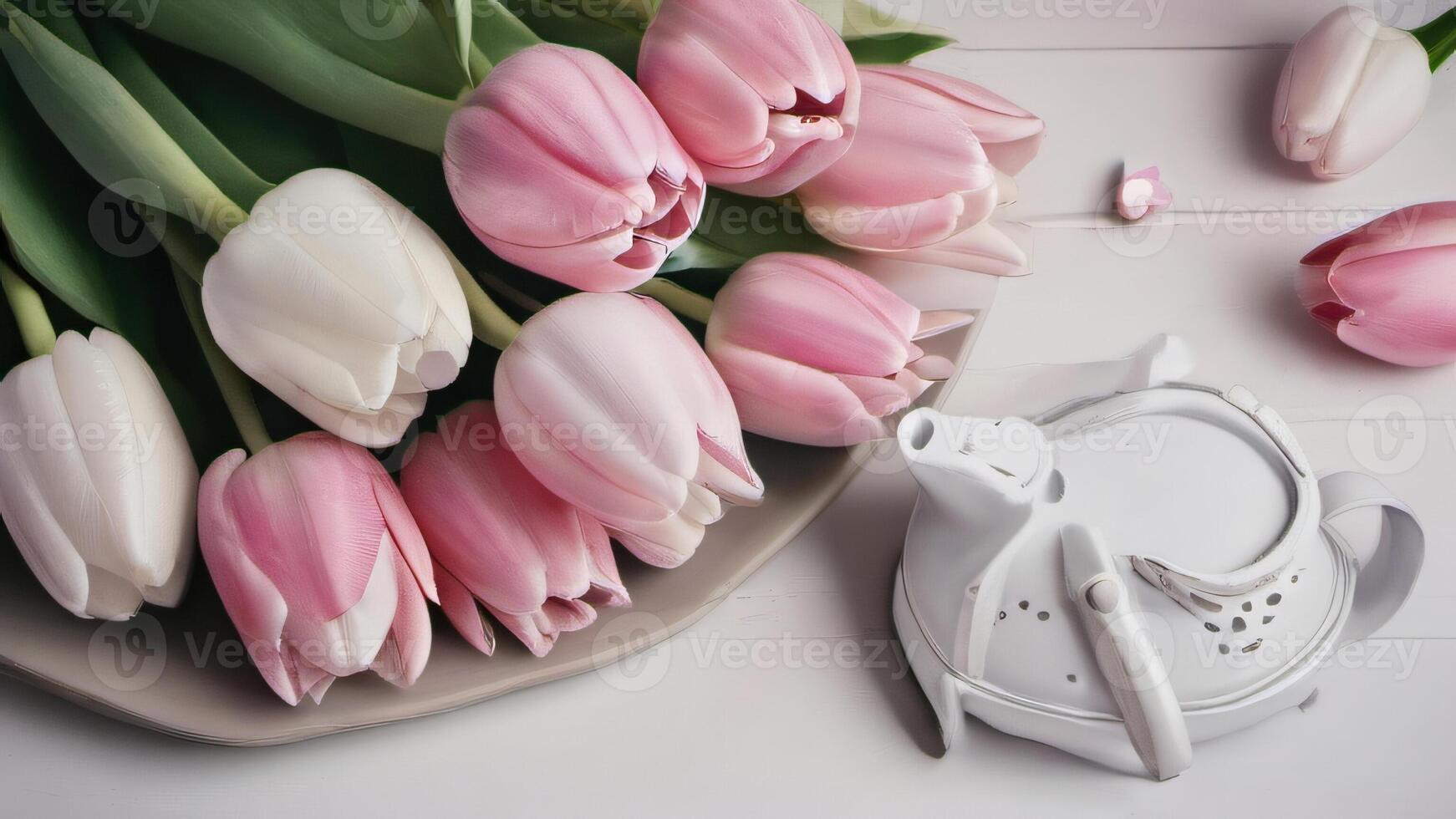 AI generated Photo Of Watercolour Drawn Set Of Beautiful Pink And White Tulip Bouquets Flowers Butterflies Watering Cans Wreath Heart Decoration. AI Generated