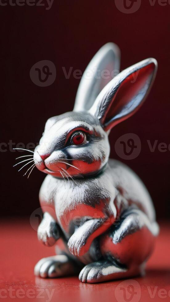AI generated Photo Of A Shiny Silver Rabbit Figurine Sitting On A Red Surface With Its Head Turned To Look Like A Rabbit. AI Generated