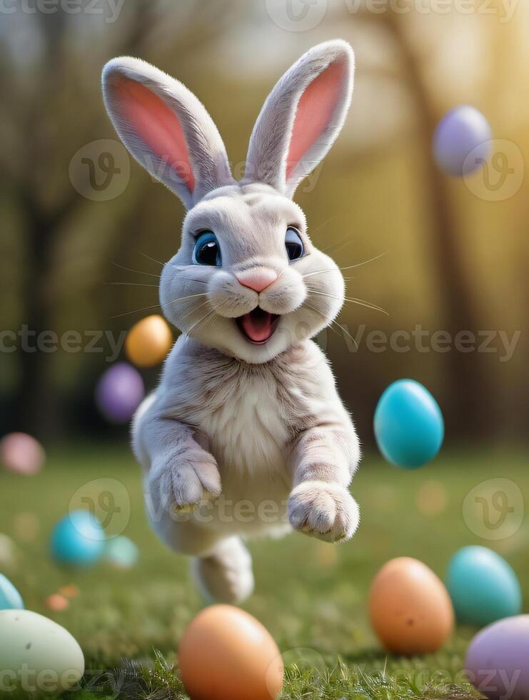 AI generated Photo Of Running Happy Easter Bunny With Eggs Flying Everywhere Created By Generative Artificial Intelligence. AI Generated