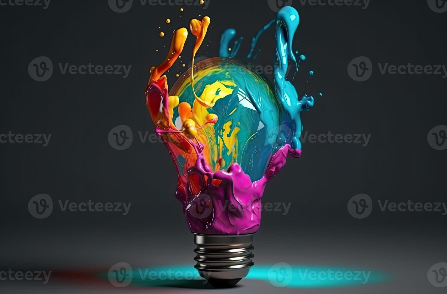 Creative colored light bulb explosion with shards and paint, a creative idea. Think different, concept. Business, ideas and the discovery of new technology.Generative AI. photo