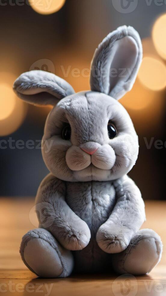 AI generated Photo Of Grey Rabbit Plush Toy Cute Bunny Closeup Cuddling. AI Generated