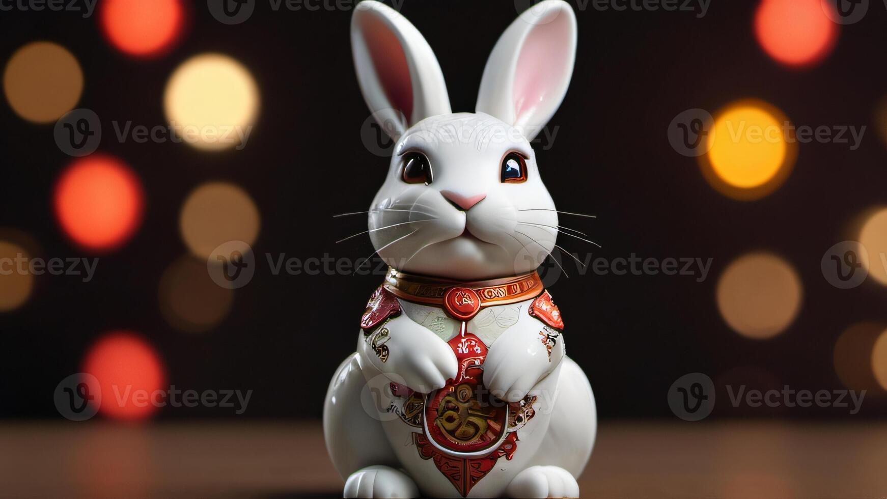 AI generated Photo Of 3D Ornamented Rabbit Figurine Porcelain Bunny Render Symbol Of Chinese New Year And Easter Holidays Modern Minimal Design Social Media Sale Greeting Technology. AI Generated