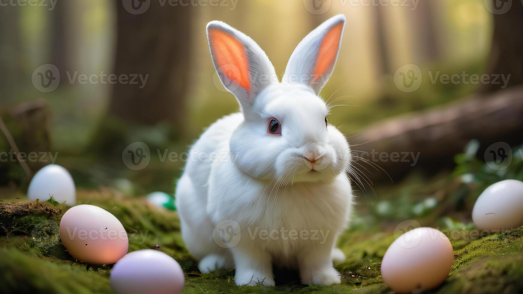 AI generated Photo Of Enchanted Easter Woodland Whimsical White Bunny Amidst A Magical Eggfilled Est. AI Generated