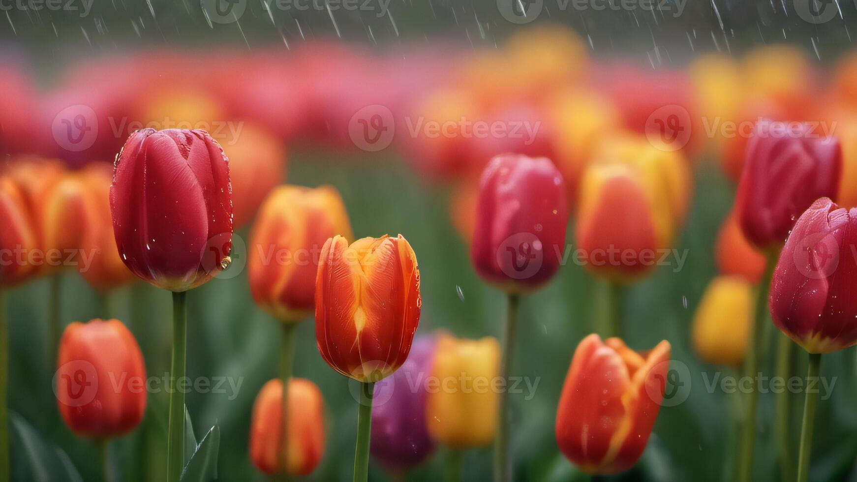 AI generated Photo Of A Mesmerizing Kaleidoscope Of Tulips Dances In A Rainbow Garden Blessed By A Gentle Rain Shower. AI Generated