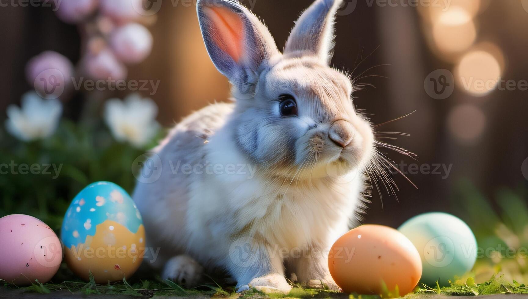 AI generated Photo Of Cute Easter Bunny With Easter Eggs. AI Generated
