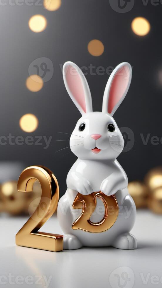 AI generated Photo Of New Year 2023 Glossy Numbers And Rabbit Figurine 3D Illustration On White Background. AI Generated