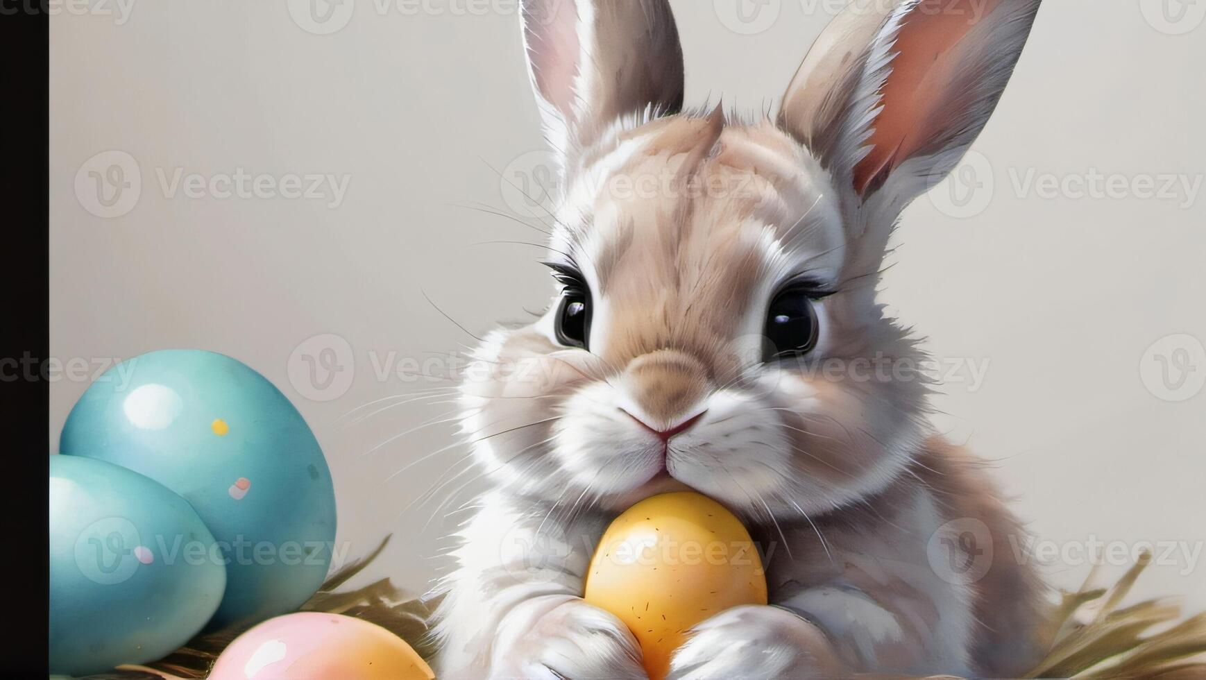 AI generated Photo Of Watercolor Painting Of A Cute Baby Bunny Holding An Easter Eggs On A White Background. AI Generated