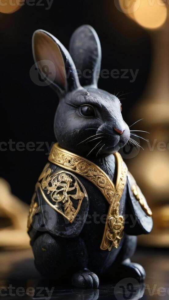 ai generado foto de elegante Conejo figurilla hecho de negro mármol con oro limpiar el polvo el Conejo es vestido magníficamente en un Exquisito túnica con dorado patrones tecnología. ai generado