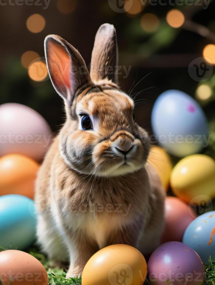 AI generated Photo Of Bunny Boom Easter Eggs And Easter Bunnies. AI Generated