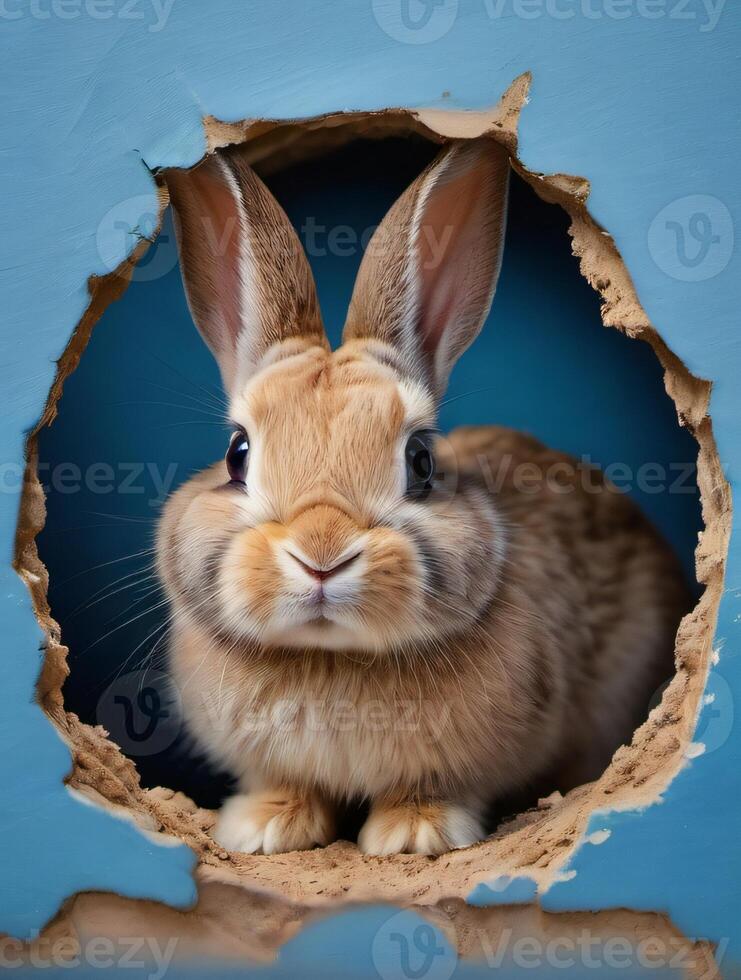 AI generated Photo Of Bunny Peeking Out Of A Hole In Blue Wall Fluffy Eared Bunny Easter Bunny Banner Rabbit Jump Out Torn Hole. AI Generated