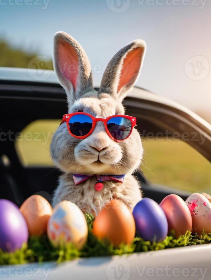 AI generated Photo Of Cute Easter Bunny With Sunglasses Looking Out Of A Car Filed With Easter Eggs. AI Generated