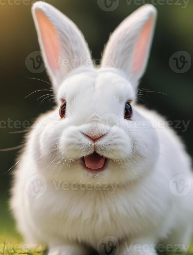 AI generated Photo Of Cute Animal Pet Rabbit Or Bunny White Color Smiling And Laughing Isolated With Easter Background. AI Generated