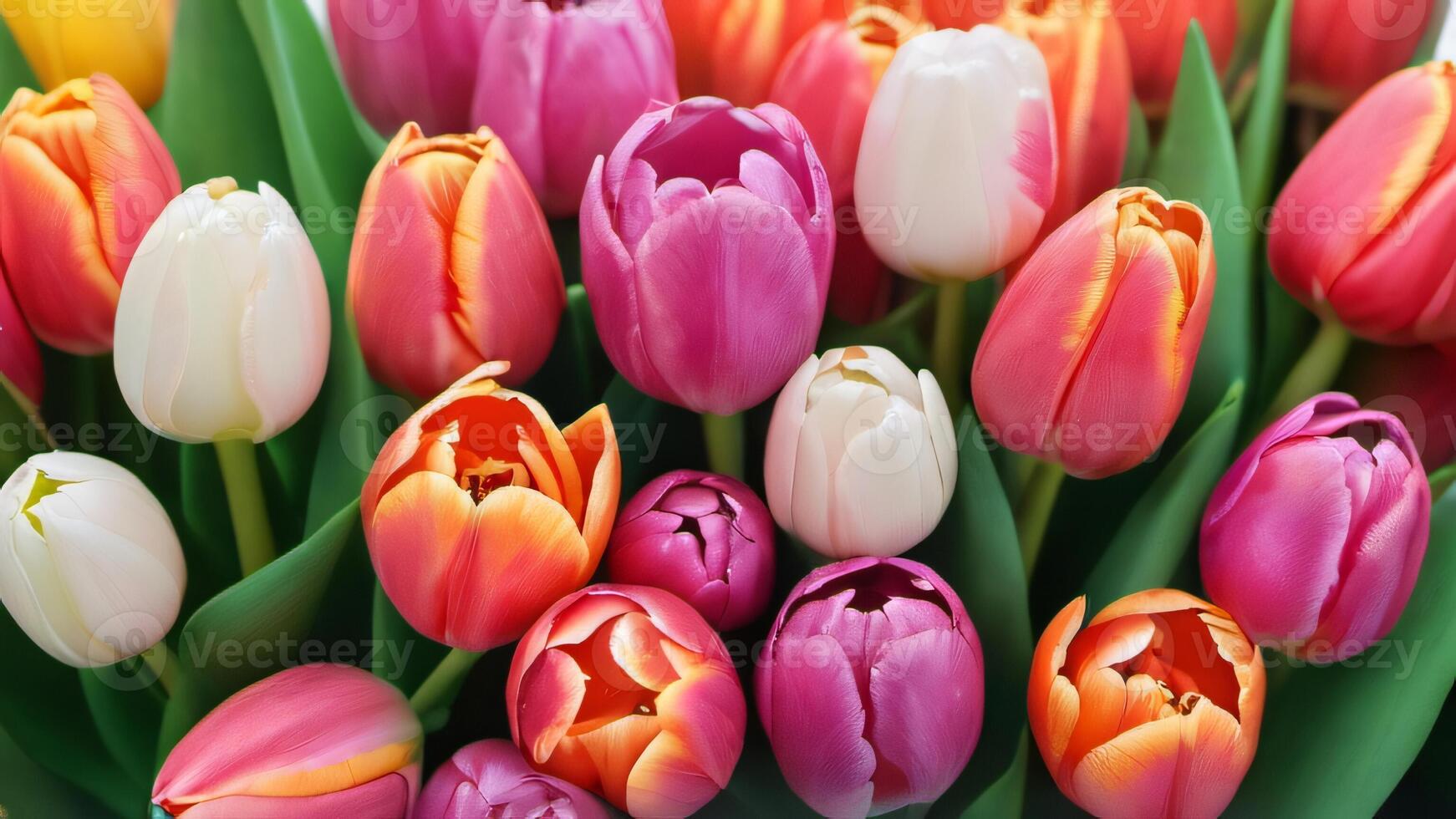 AI generated Photo Of Colorful Spring Floral Background Tulips On A White Background. AI Generated