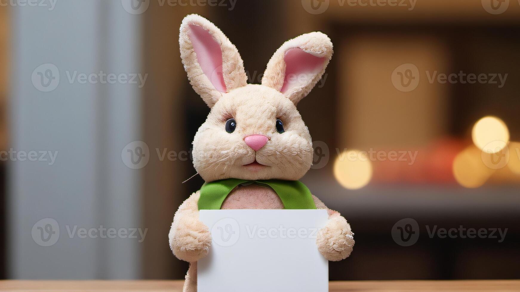 AI generated Photo Of Easter Stuffed Bunny Holding A Empty Sign. AI Generated