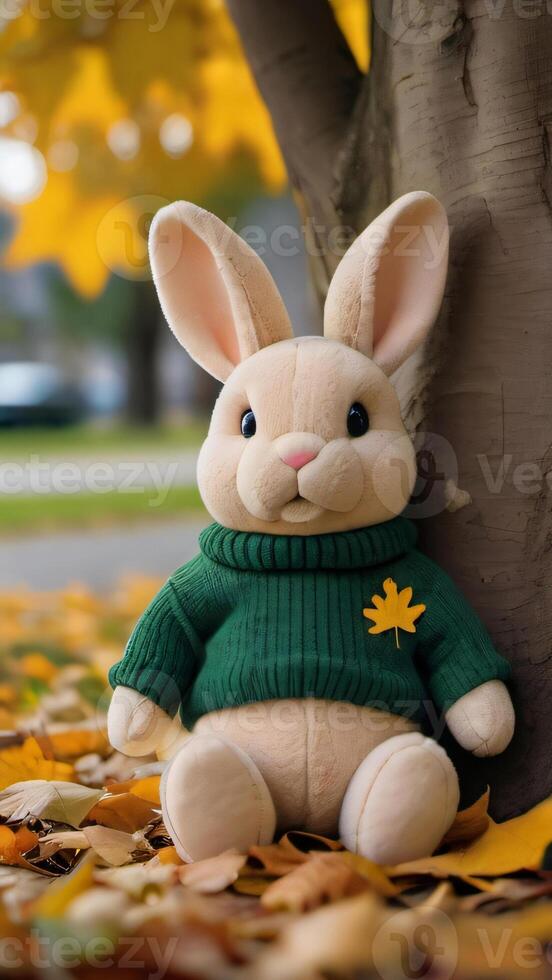 AI generated Photo Of A Stuffed Animal Bunny In A Sweater Leaning Against A Tree In A Est With Leaves On The Ground And A Yellow Maple Leaf In The Eground. AI Generated