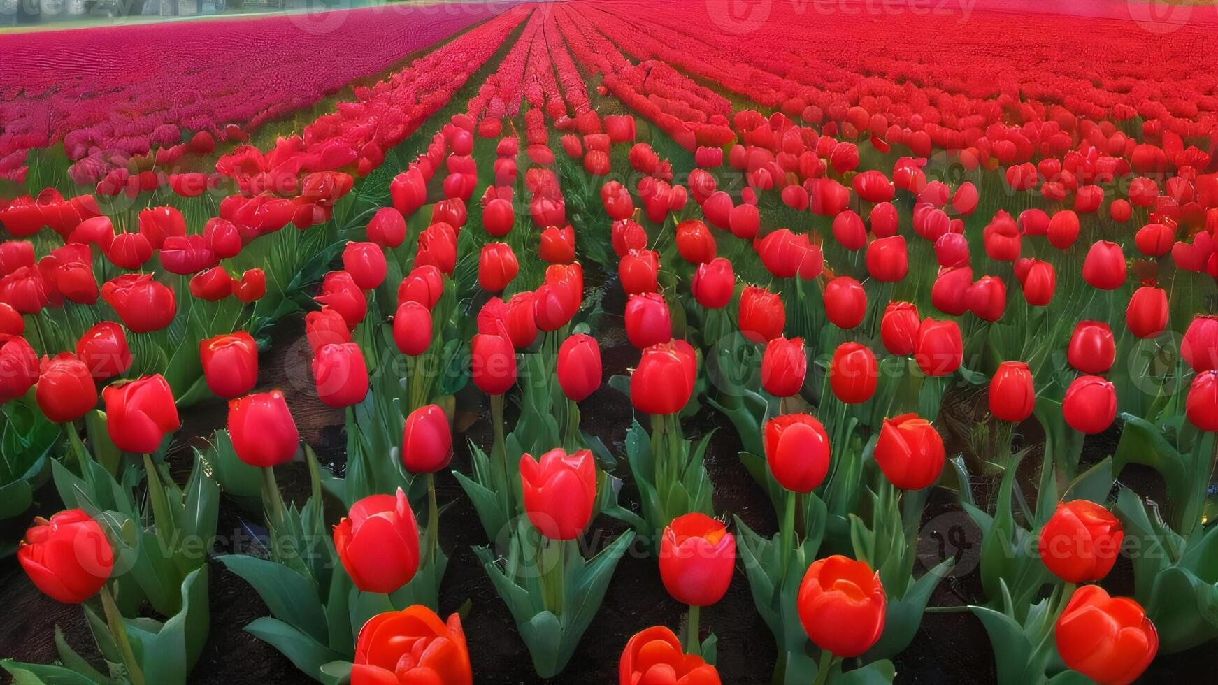 ai generado foto de campo de vistoso tulipanes rojo campo primavera. ai generado