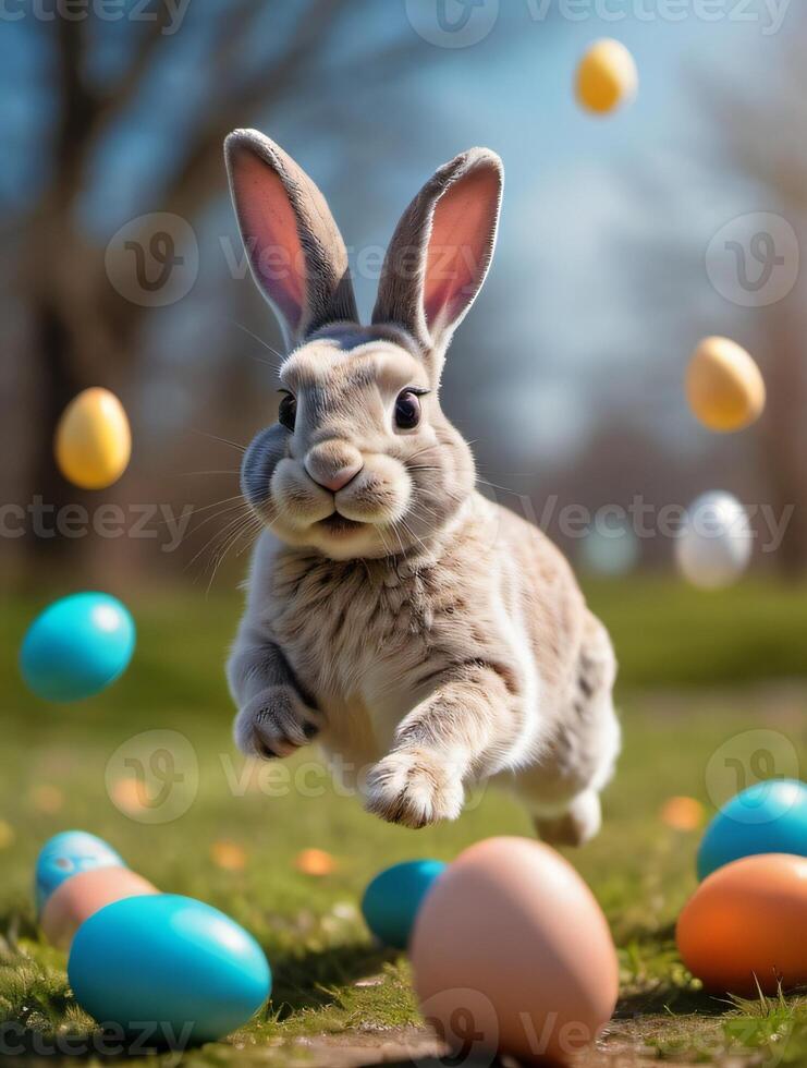 AI generated Photo Of Running Happy Easter Bunny With Eggs Flying Everywhere Created By Generative Artificial Intelligence. AI Generated