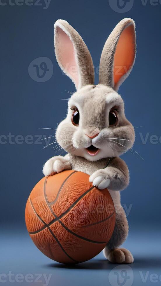 ai generado foto de un linda 3d Conejo jugando baloncesto en un sólido color antecedentes . ai generado