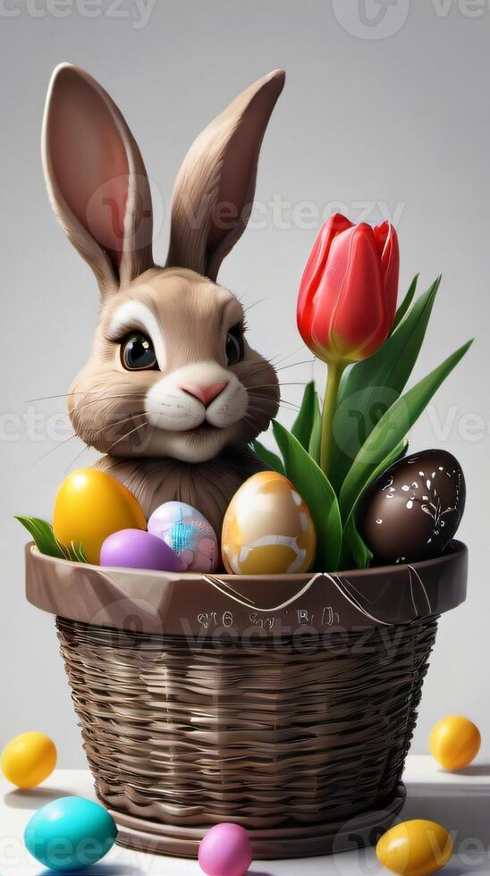 AI generated Photo Of Easter Basket With Tulips Easter Bunny And Chocolate Eggs. AI Generated