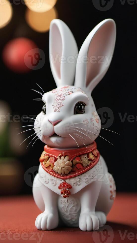 AI generated Photo Of 3D Ornamented Rabbit Figurine Porcelain Bunny Render Symbol Of Chinese New Year And Easter Holidays Modern Minimal Design Social Media Sale Greeting. AI Generated