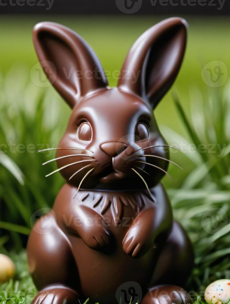 AI generated Photo Of Chocolate Easter Bunny In Grass Delicious Treat Easter Celebration. AI Generated