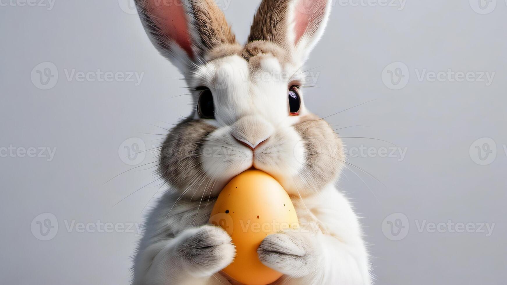 ai generado foto de Pascua de Resurrección conejito sostiene un huevo en un blanco antecedentes. ai generado