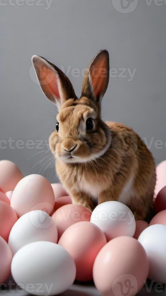AI generated Photo Of A Rabbit Sitting In Front Of A Pile Of Pink And White Eggs In Front Of A Gray And White Background. AI Generated