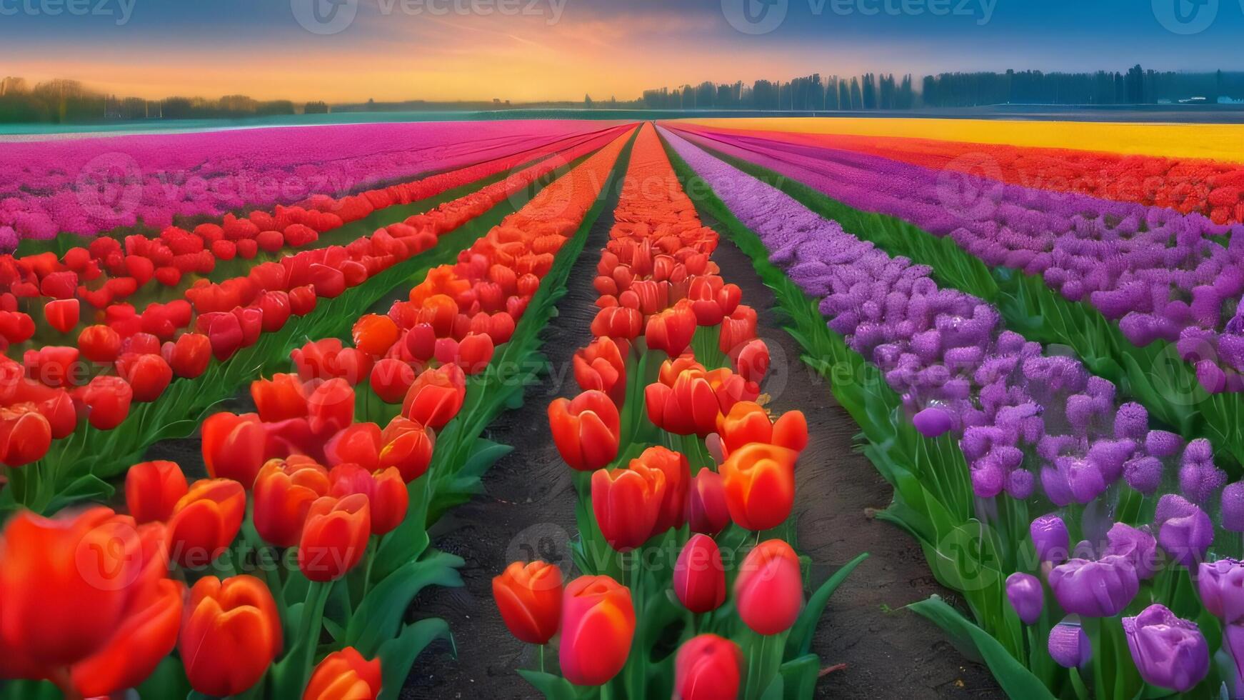 AI generated Photo Of Vibrant Tulip Field In Spring Rows Of Colorful Flowers Natural Beauty. AI Generated