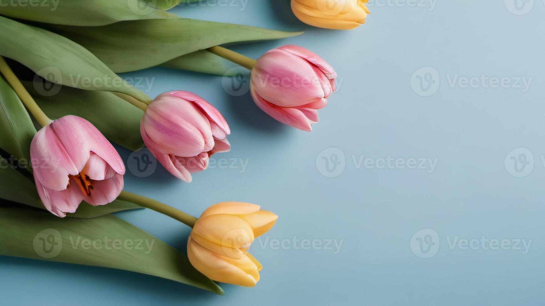 AI generated Photo Of Top View Tulip Flowers On Light Blue Blank Paper Background  Mothers Day Concept Feminine Concept. AI Generated