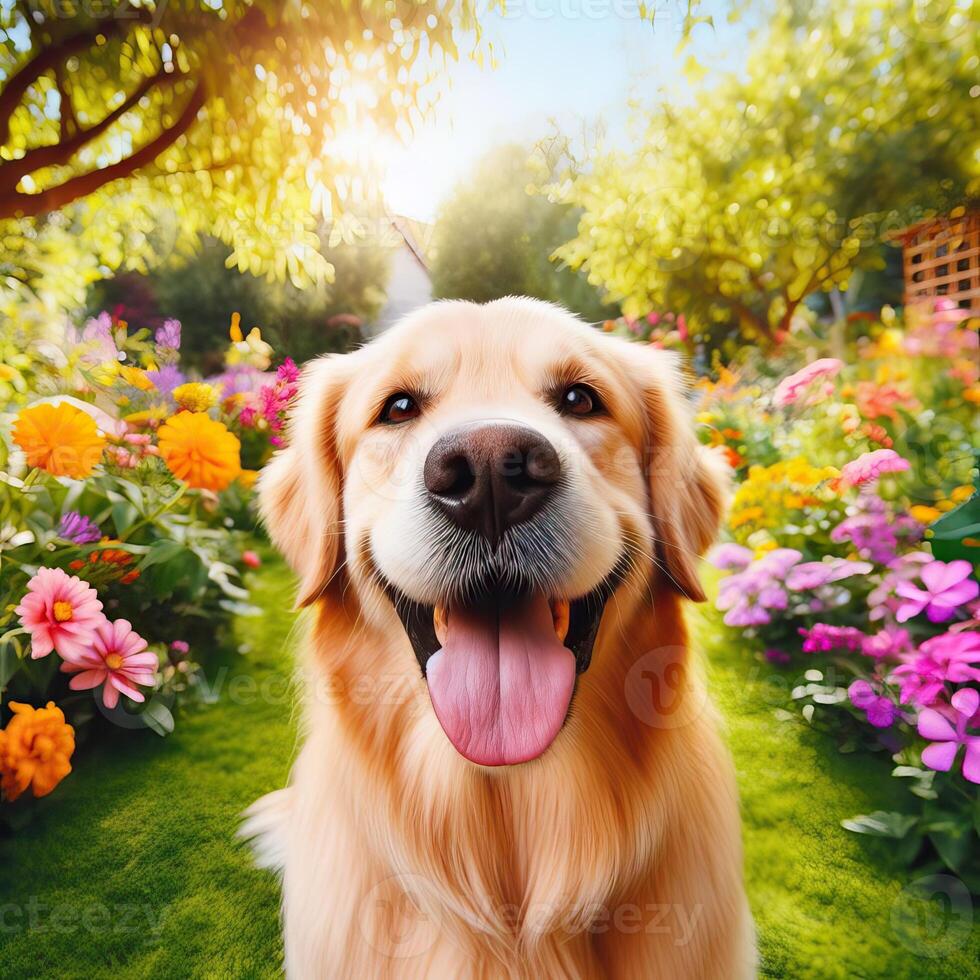 AI generated a golden. retriever sitting in the. grass. Petal Play. Beautiful, Spring Banner Capturing the Joy of a. Happy, Dog, AI generated photo