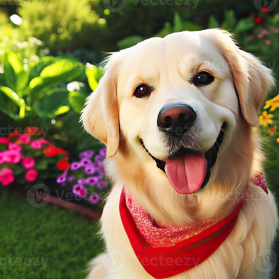 AI generated a golden. retriever sitting in the. grass. Petal Play. Beautiful, Spring Banner Capturing the Joy of a. Happy, Dog, AI generated photo