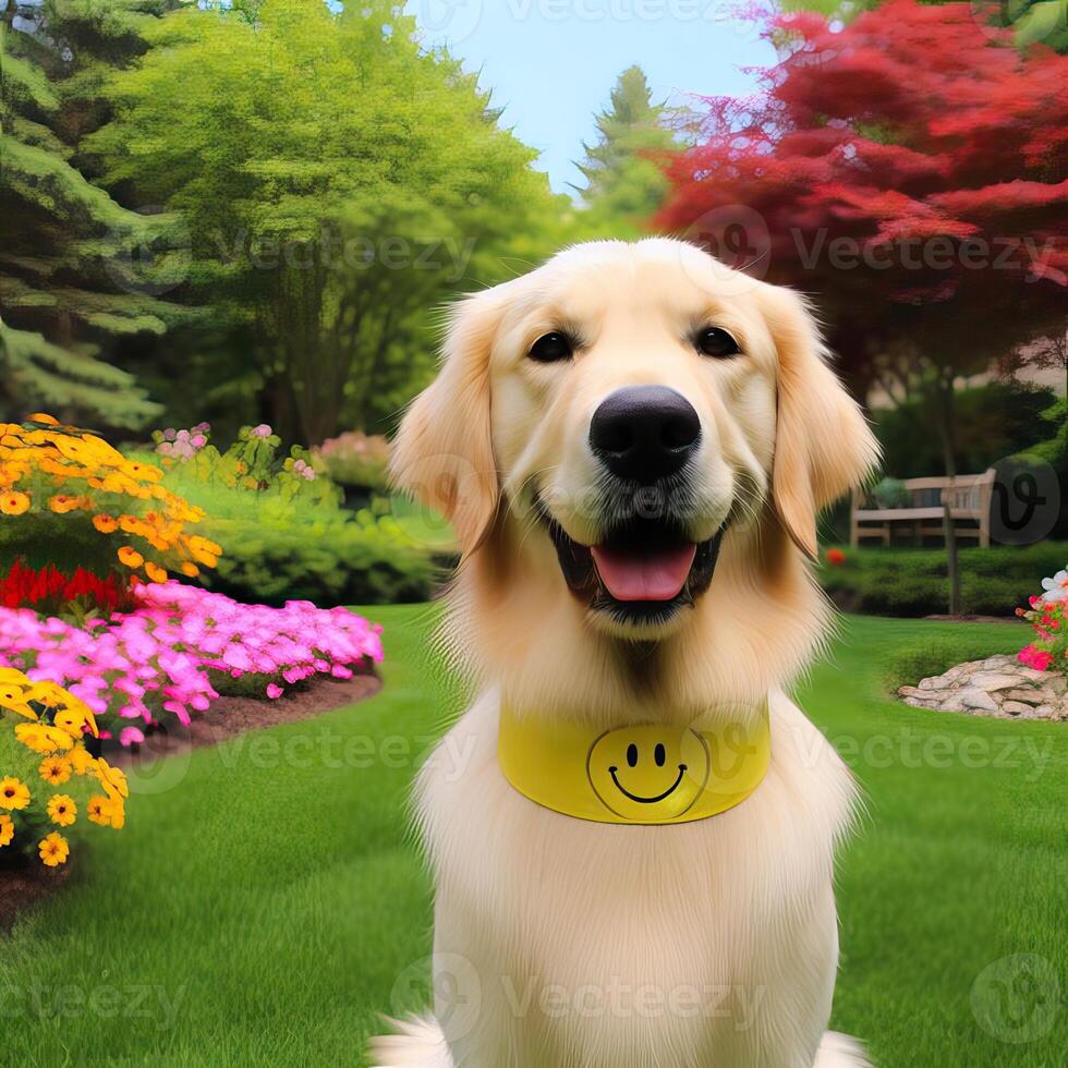 AI generated a golden. retriever sitting in the. grass. Petal Play. Beautiful, Spring Banner Capturing the Joy of a. Happy, Dog, AI generated photo