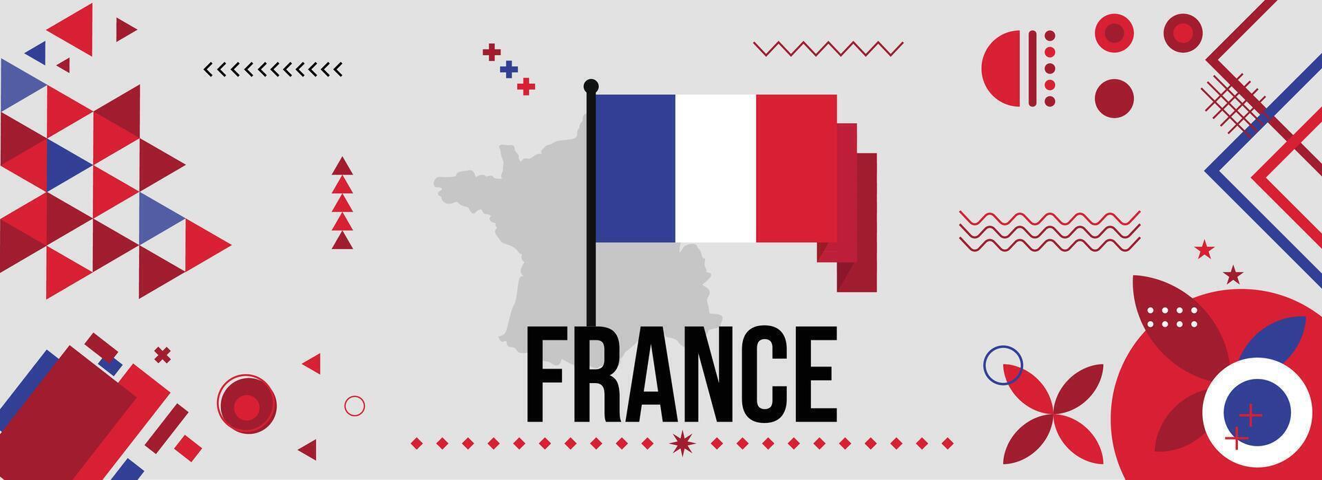 France national or independence day banner for country celebration. Flag and map of France with raised fists. Modern retro design with typorgaphy abstract geometric icons. Vector illustration.