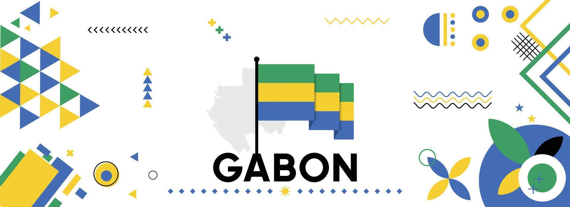 Gabon national or independence day banner for country celebration. Flag and map of Gabon with raised fists. Modern retro design with typorgaphy abstract geometric icons. Vector illustration