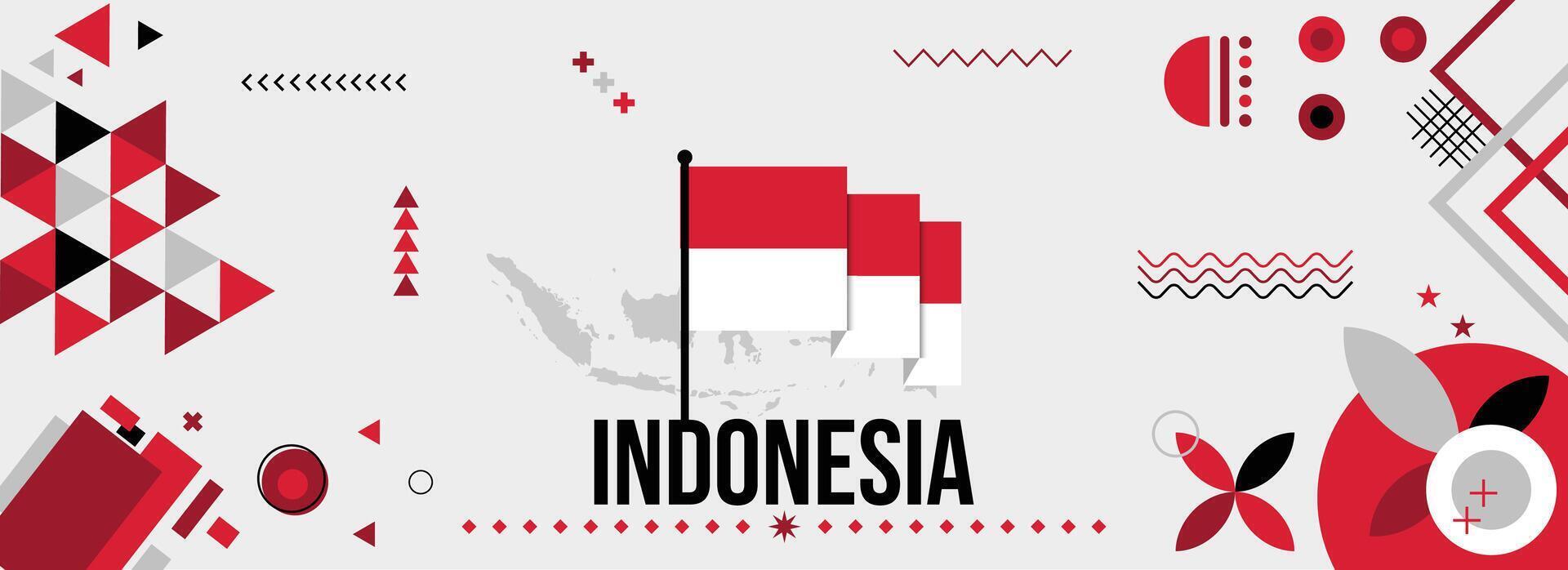 Indonesia national or independence day banner for country celebration. Flag and map of Indonesia with raised fists. Modern retro design with typorgaphy abstract geometric icons. Vector illustration