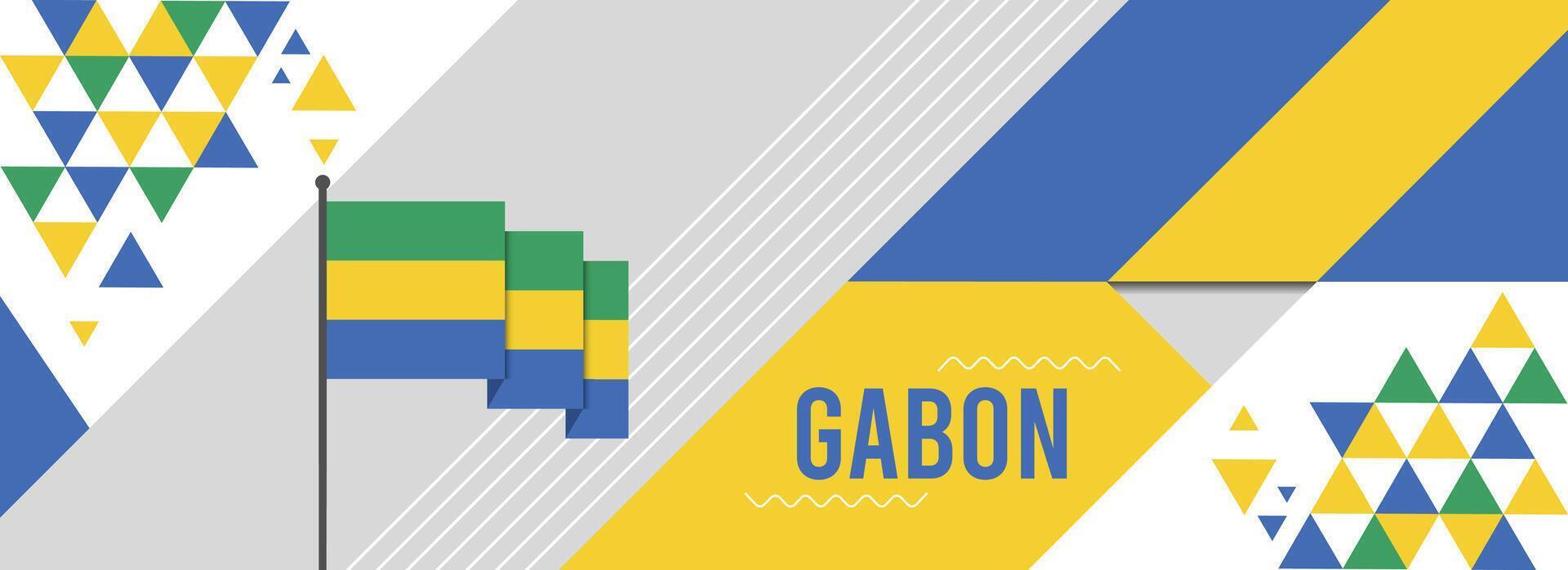 Gabon national or independence day banner for country celebration. Flag and map of Gabon with raised fists. Modern retro design with typorgaphy abstract geometric icons. Vector illustration