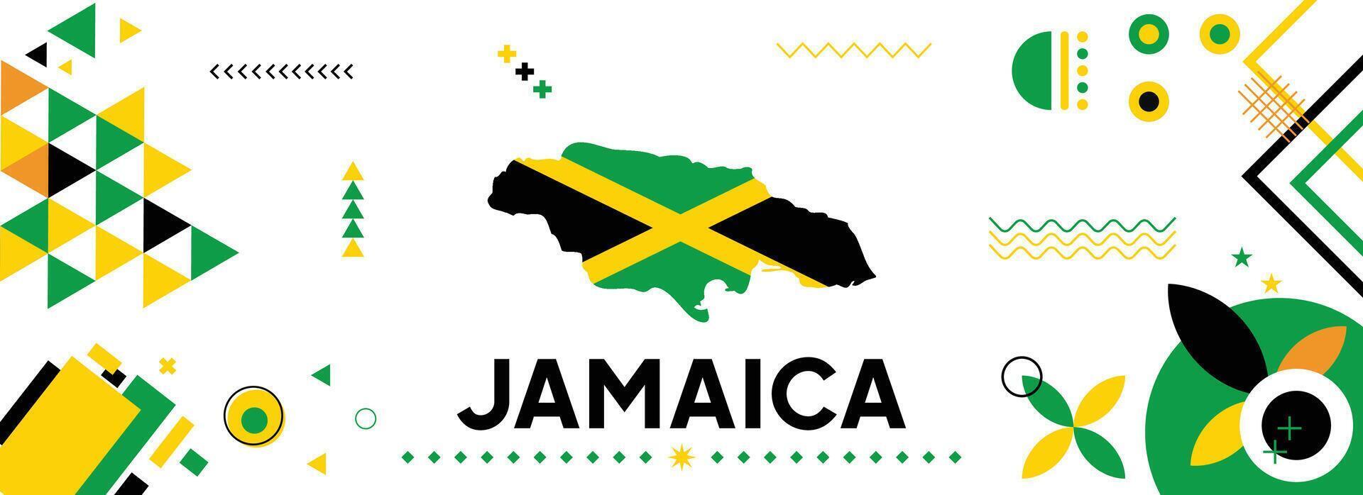 Jamaica national or independence day banner for country celebration. Flag and map of Jamaicans with raised fists. Modern retro design with typorgaphy abstract geometric icons. Vector illustration.