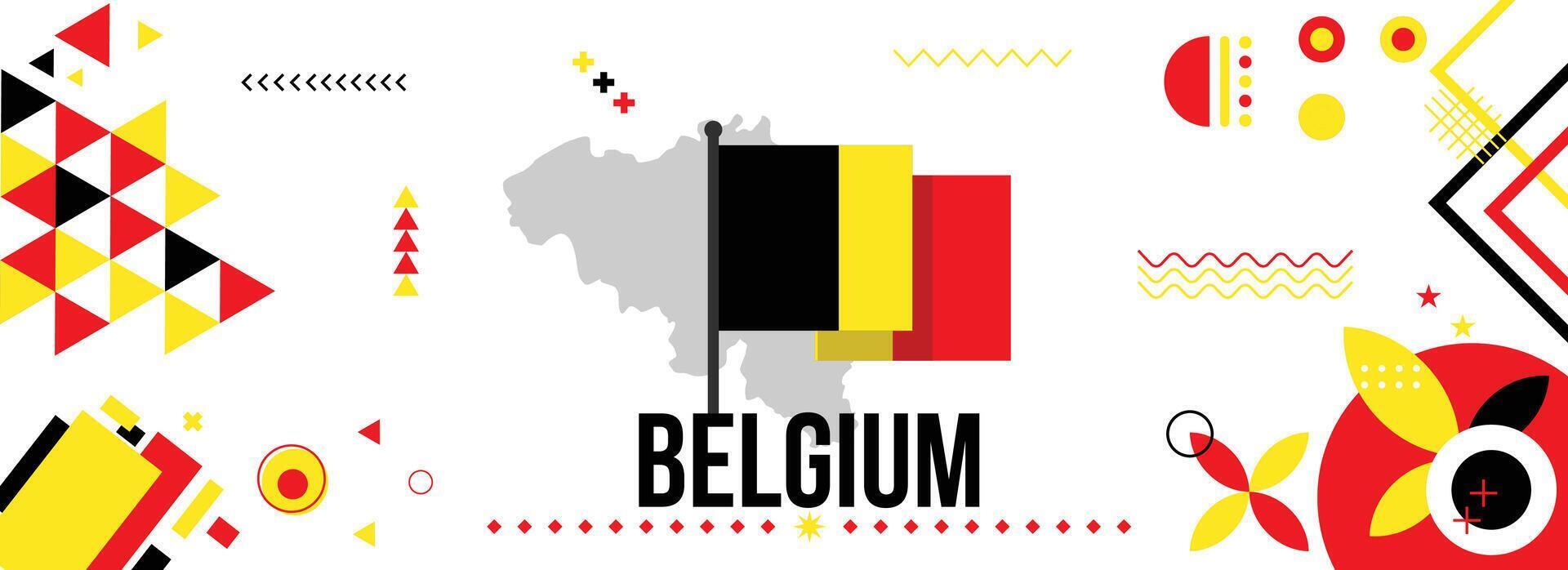 Belgium national or independence day banner for country celebration. Flag and map of Belgium with raised fists. Modern retro design with typorgaphy abstract geometric icons. Vector illustration.