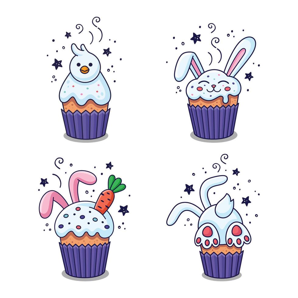 Set of Cute Hand drawn Easter illustrations with Easter cake, rabbits ears, carrot, rabbit, hare, chick in cartoon style. Easter food design elements. Vector illustration. Doodle style.