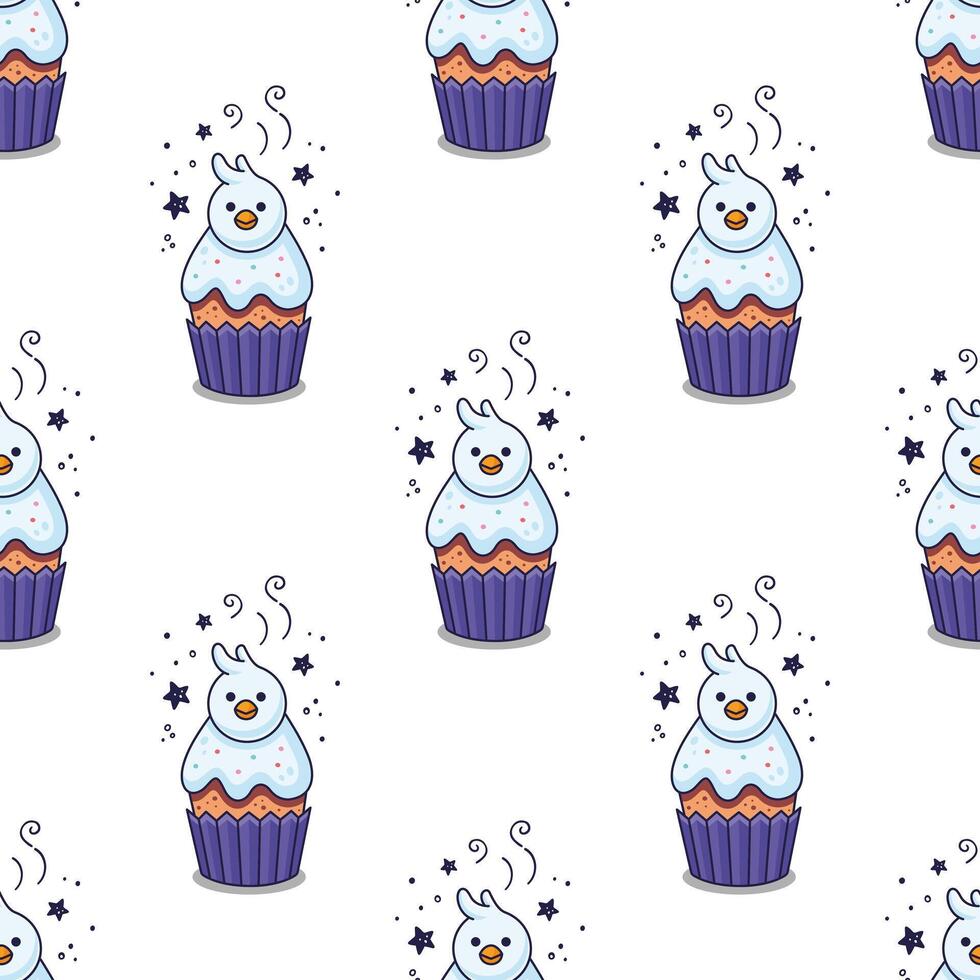 Easter cake with chick in cartoon style. Hand drawn Easter bakery with nestling. Easter chick cake seamless pattern. Flat design. Doodle style. Illustration isolated on white background. vector