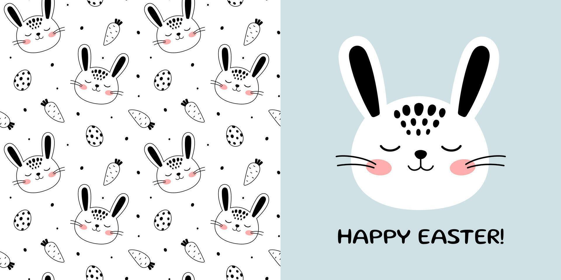 Set of Cute Little Hare seamless pattern, illustration. Hand drawn Little Bunny for designing baby clothes, Easter postcard. Cartoon Bohemian nursery print. Kids design texture. Vector illustration.