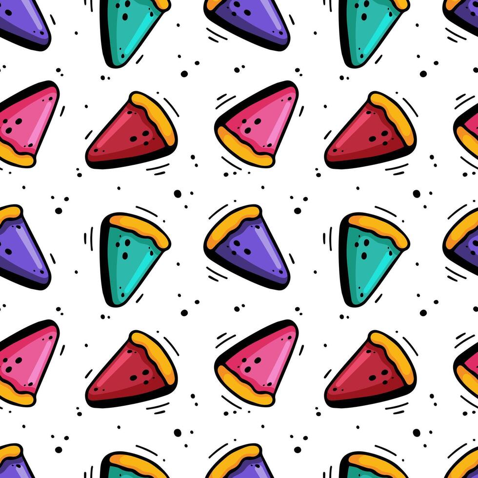 Hand drawn Piece of pie seamless pattern. Hand drawn fast food, home food illustration in doodle style. Vector fabric texture illustration in doodle style.
