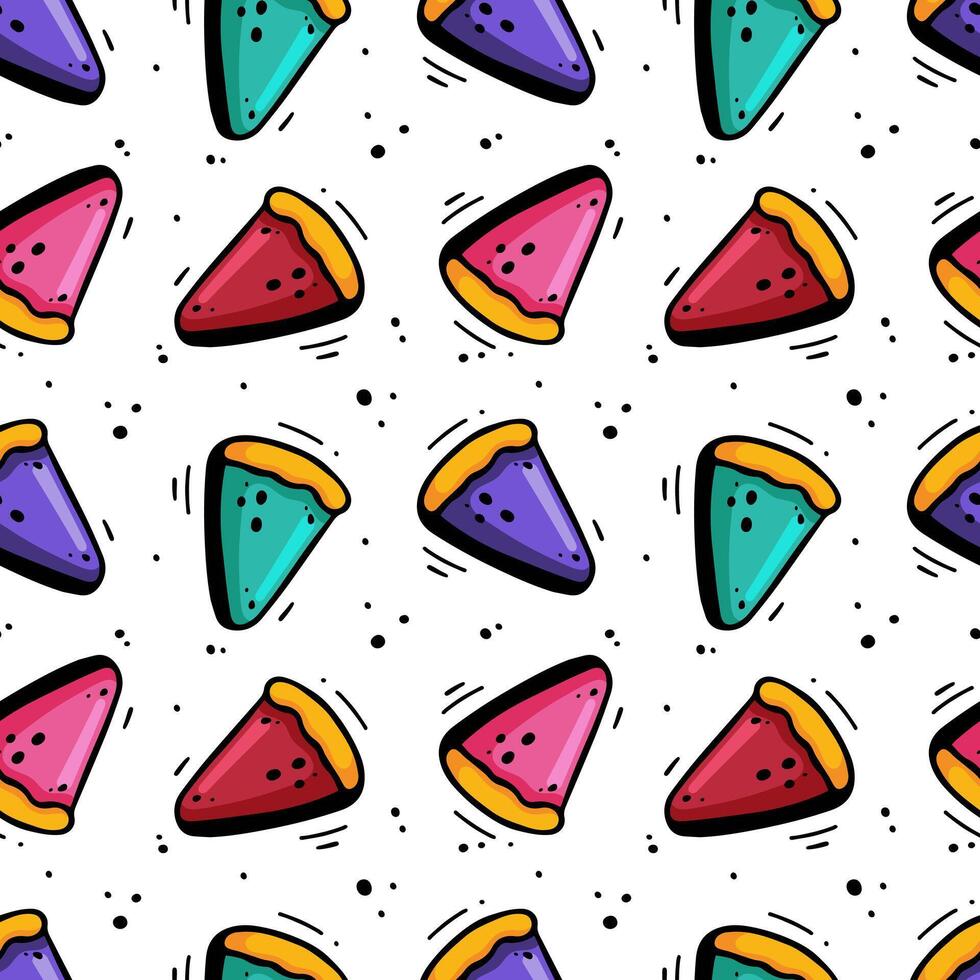 Hand drawn Piece of pie seamless pattern. Hand drawn fast food, home food illustration in doodle style. Vector fabric texture illustration in doodle style.