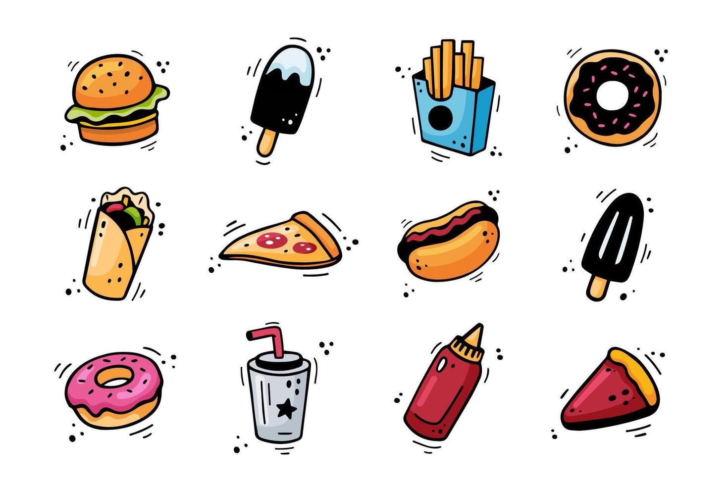 Fast food icons set - burger, French fries, paper cup with drink, ice cream, pizza, pie, hot dog, kebab, donut, bottle of ketchup. Sketch of snacks. Fast food doodles. Fast food collection. vector