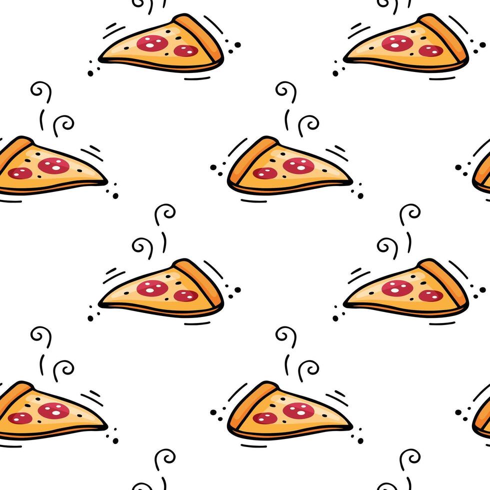 Hand drawn pizza seamless pattern. Fast food texture. Vector Fast food illustration in doodle style. Vector illustration of Pizza. Sketch of slice of pizza.