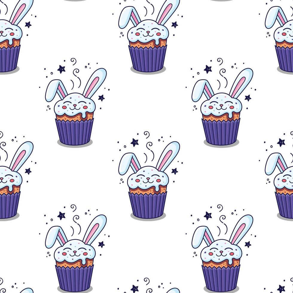Easter cake - rabbit, hare, bunny in cartoon style. Hand drawn seamless pattern with Easter hare character. Flat design. Doodle style. Illustration isolated on white background. vector