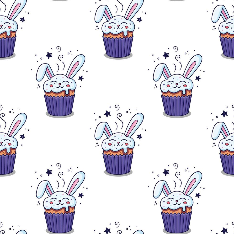 Easter cake - rabbit, hare, bunny in cartoon style. Hand drawn seamless pattern with Easter hare character. Flat design. Doodle style. Illustration isolated on white background. vector