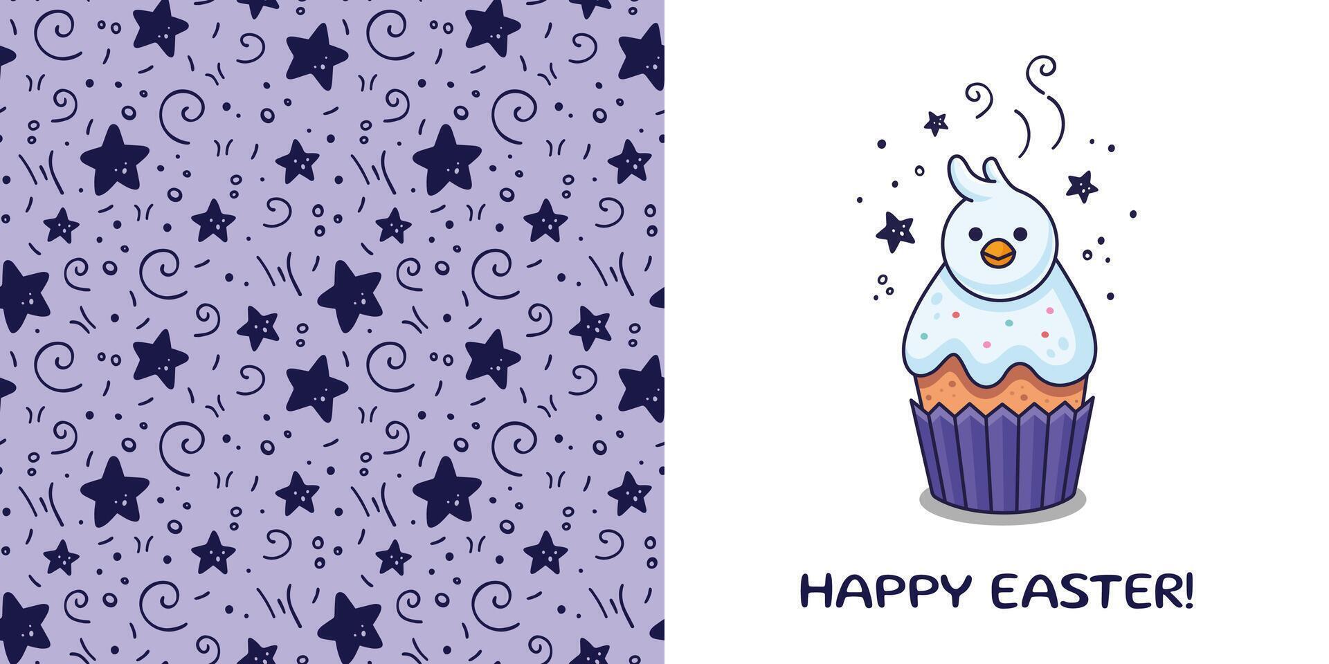 Easter postcard with Easter cake with chick, greeting in cartoon style. Set of Hand drawn Easter illustrations. Vector illustration. Doodle style. Hand drawn Easter bakery with nestling.