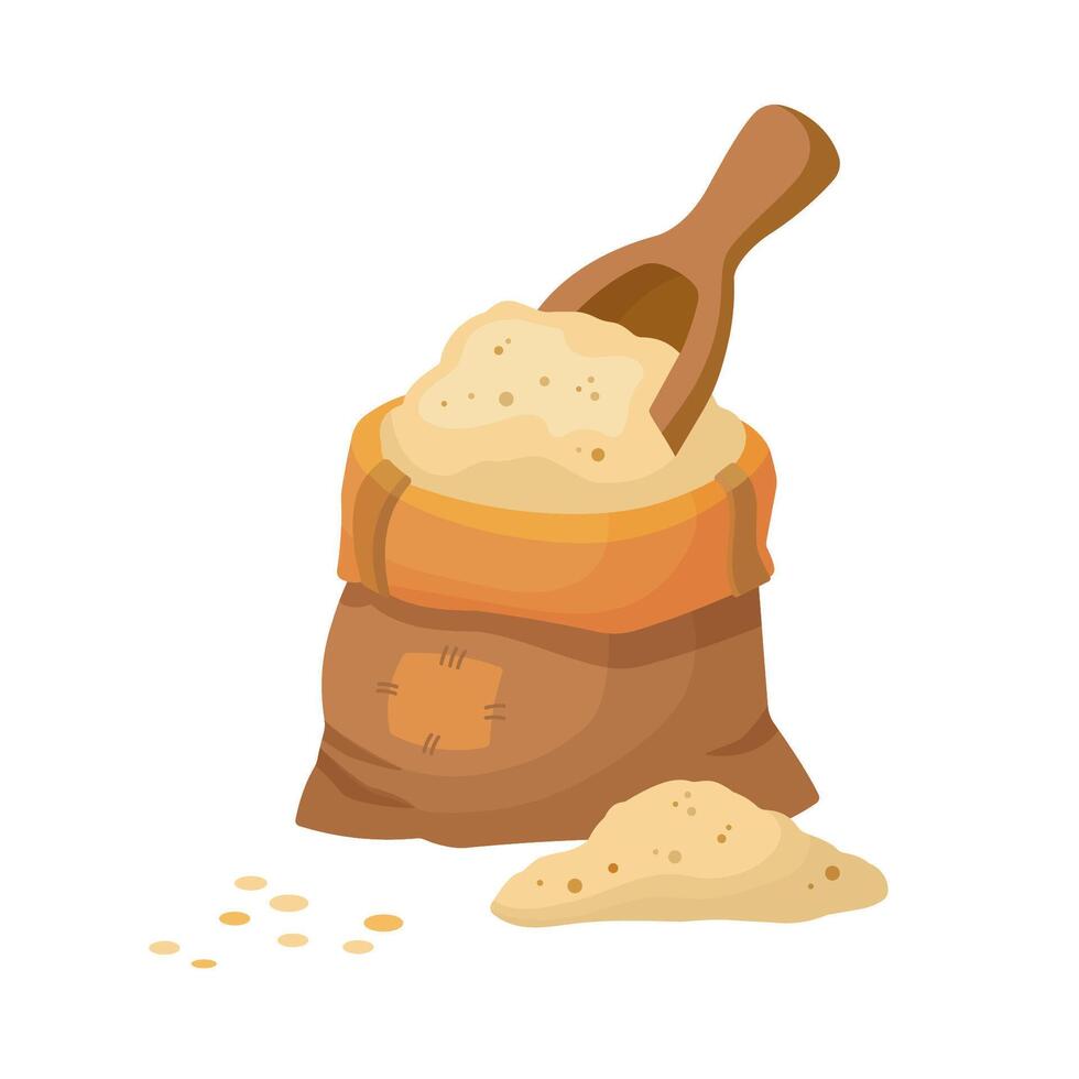 Wheat Flour in bag with wooden scoop. Sack with wheat flour and grains. Flour bale in cartoon style. Vector illustration isolated on white background.