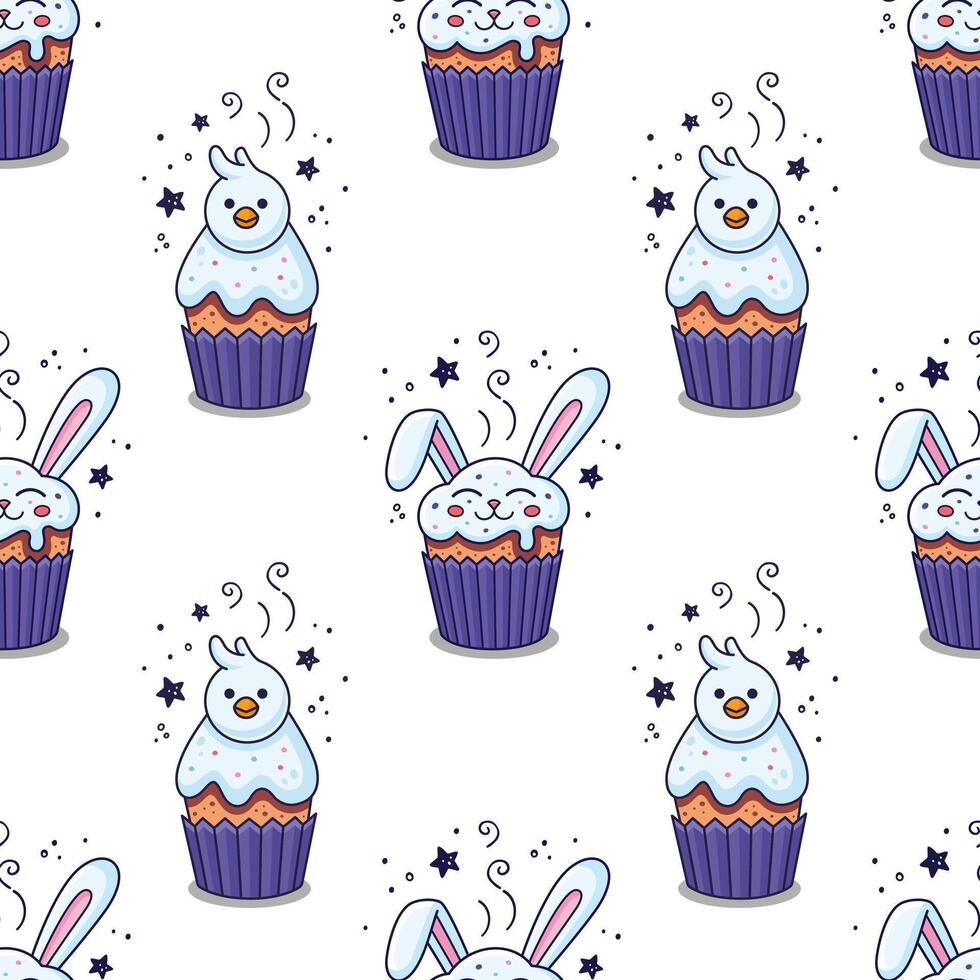 Easter cake - rabbit, hare, bunny, chick, nestling in cartoon style. Hand drawn seamless pattern with Easter character. Flat design. Doodle style. Illustration isolated on white background. vector